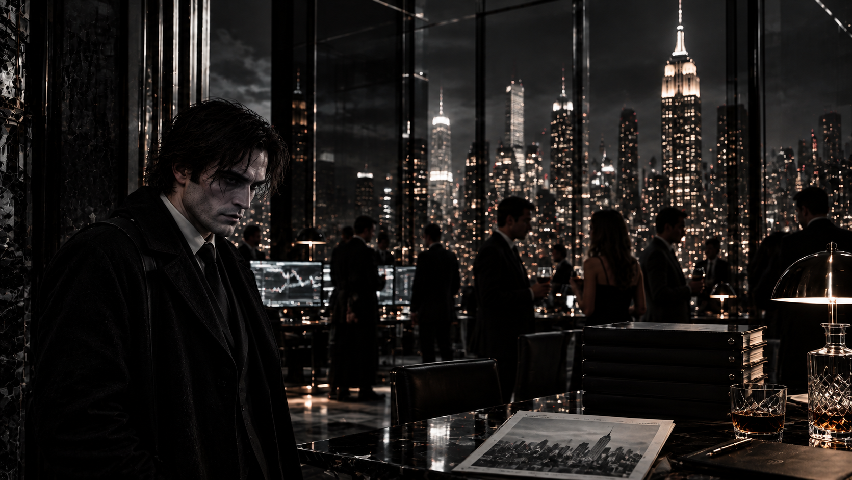 A monochrome Arkham protagonist scene