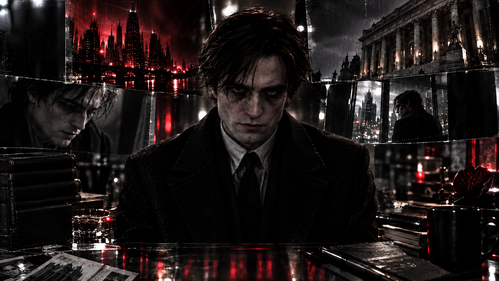 A monochrome Arkham protagonist scene