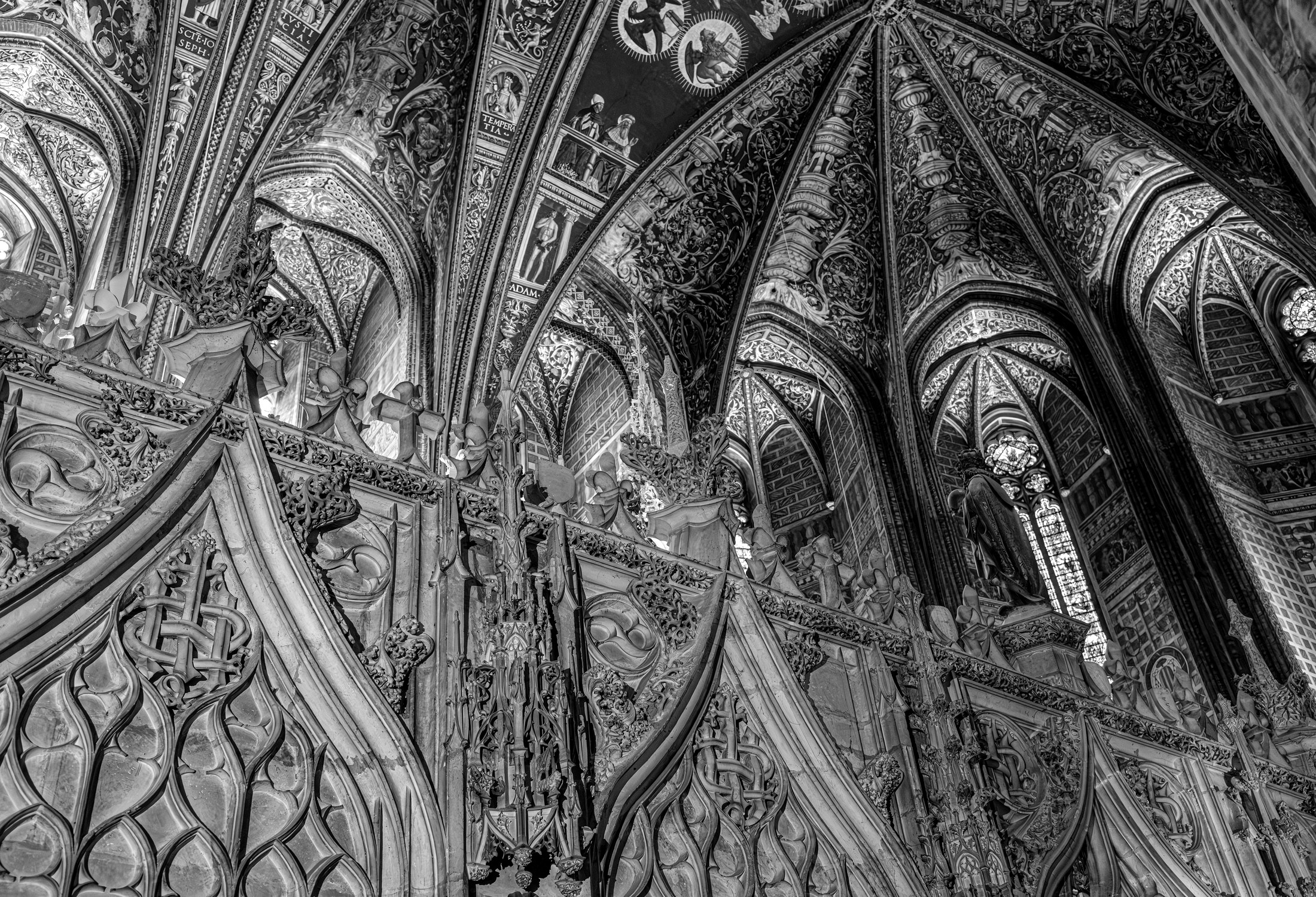 A black and white gothic cathedral interior