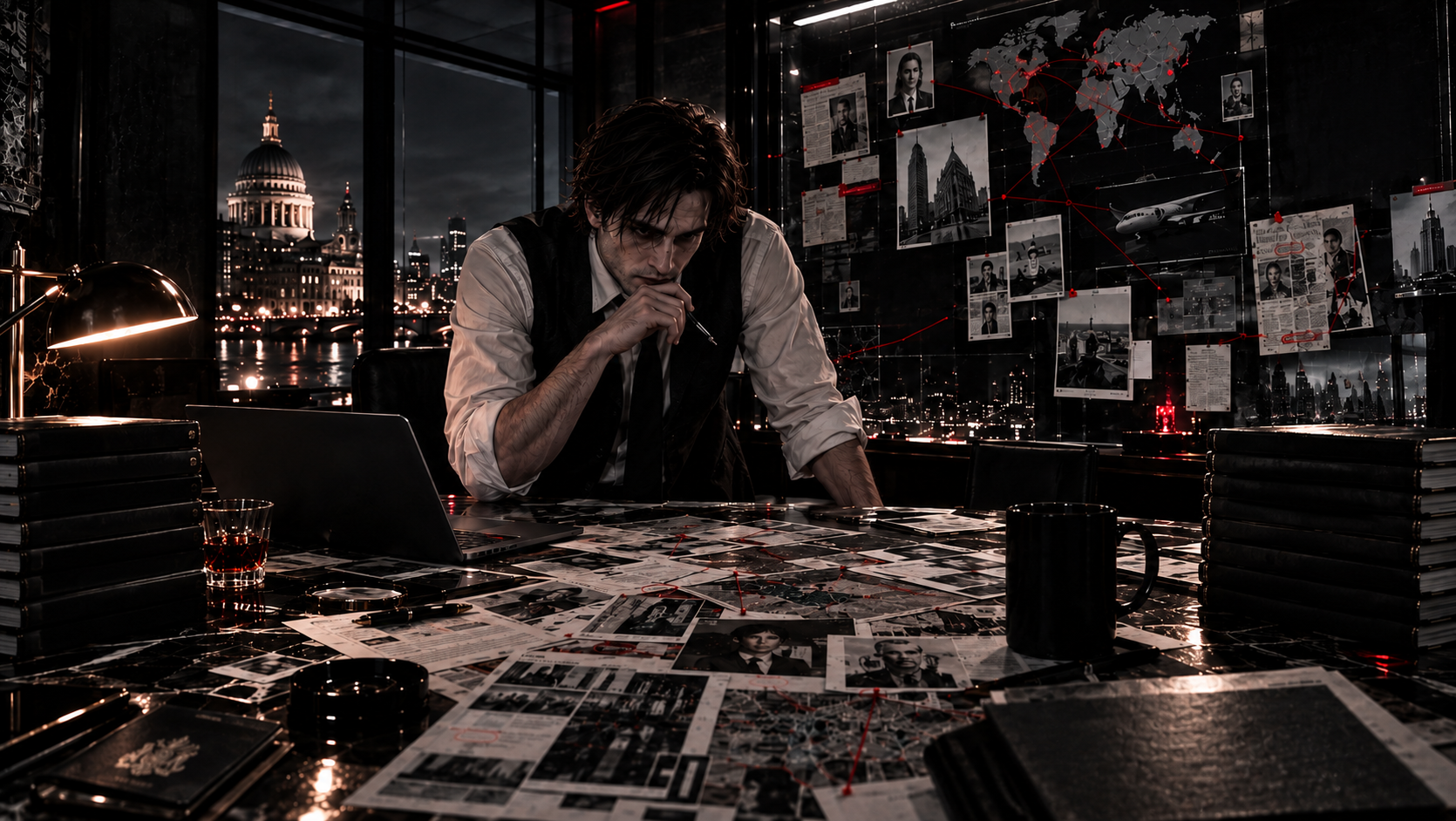 A monochrome Arkham protagonist scene