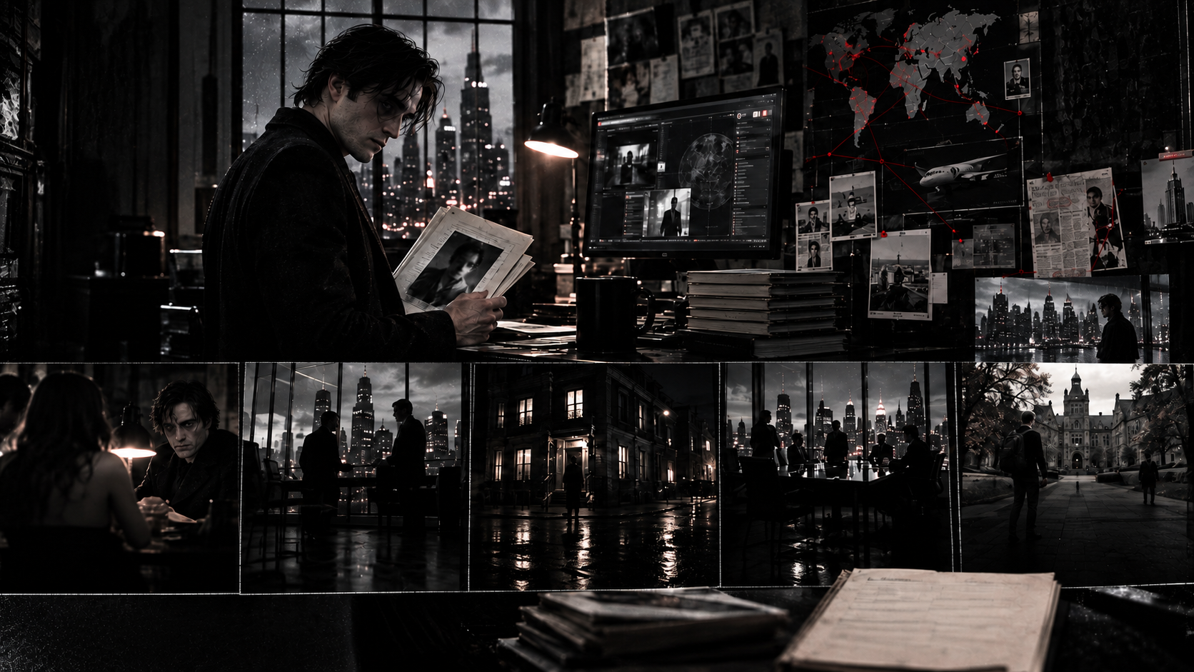 A monochrome Arkham protagonist scene